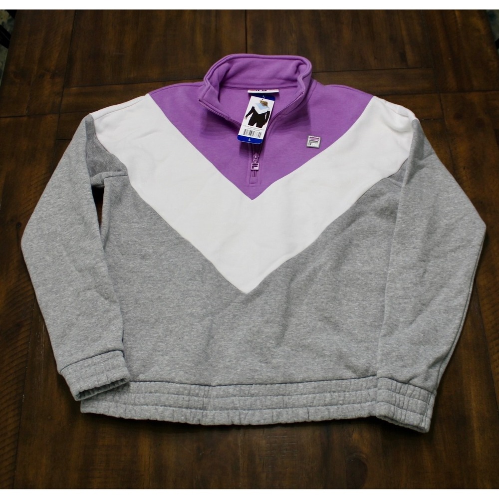Fila Womens Quarter Zip Colorblock Chevron Fleece Sweatshirt Grey Lavender L‎